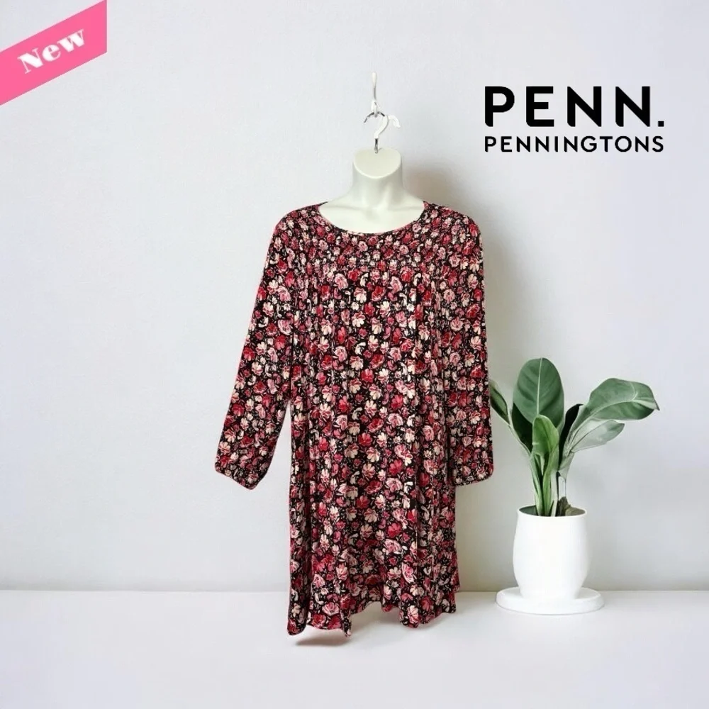NEW, Penningtons, Plus Size Floral Stretch Dress, 2X, Pink, Black, White - Picture 3 of 10